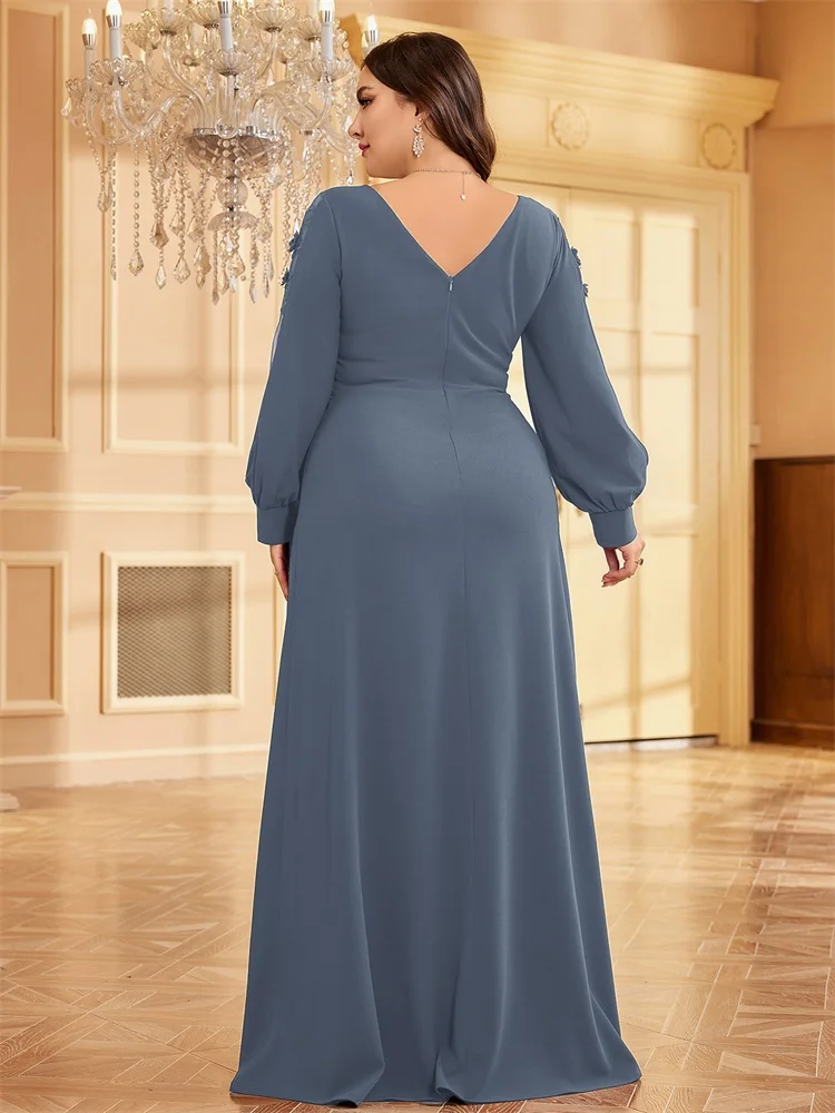 Xuibol Plus Size Elegante Blauwe Applique Avondjurk 2024 Vrouwen Formele Maxi Lange Mouwen Feestjurk Luxe Cocktail Prom