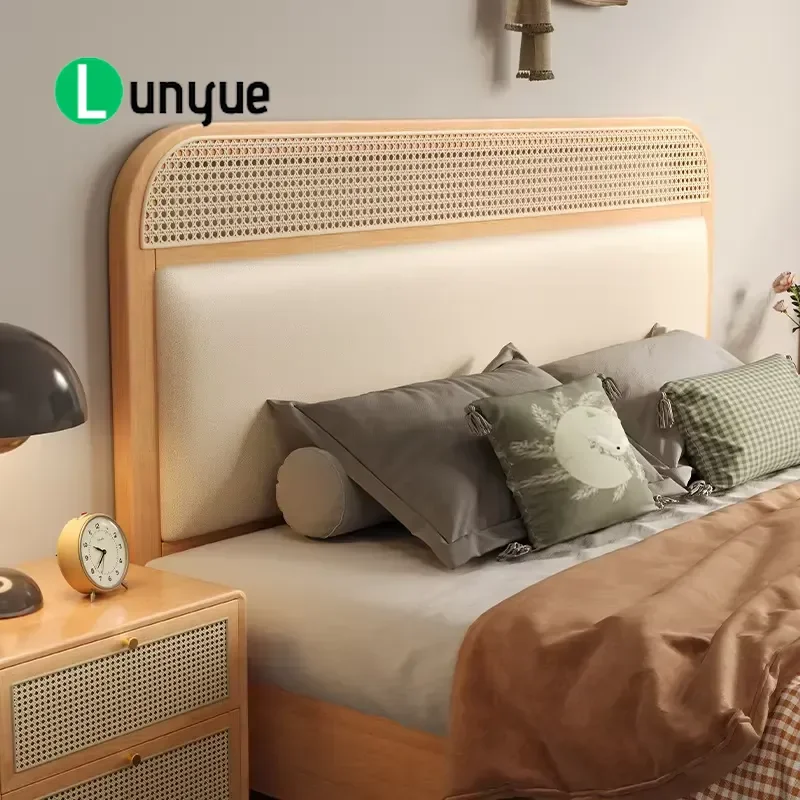 Modern Nordic Rattan Headboard Queen King Size Solid Wood Frame Green House Style Bedroom Furniture Optional Colors Durable