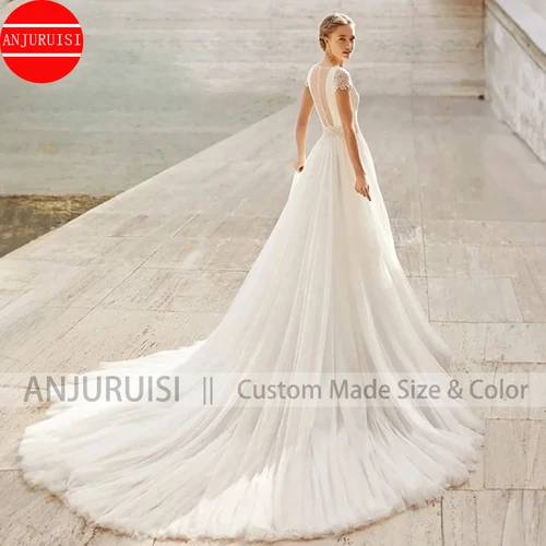 Imagen 2 del producto Vestidos De Novia blancos simples, apliques con cuello en V, línea A, Vestidos De Novia largos bohemios, ilusión De satén en la espalda, mangas cortas