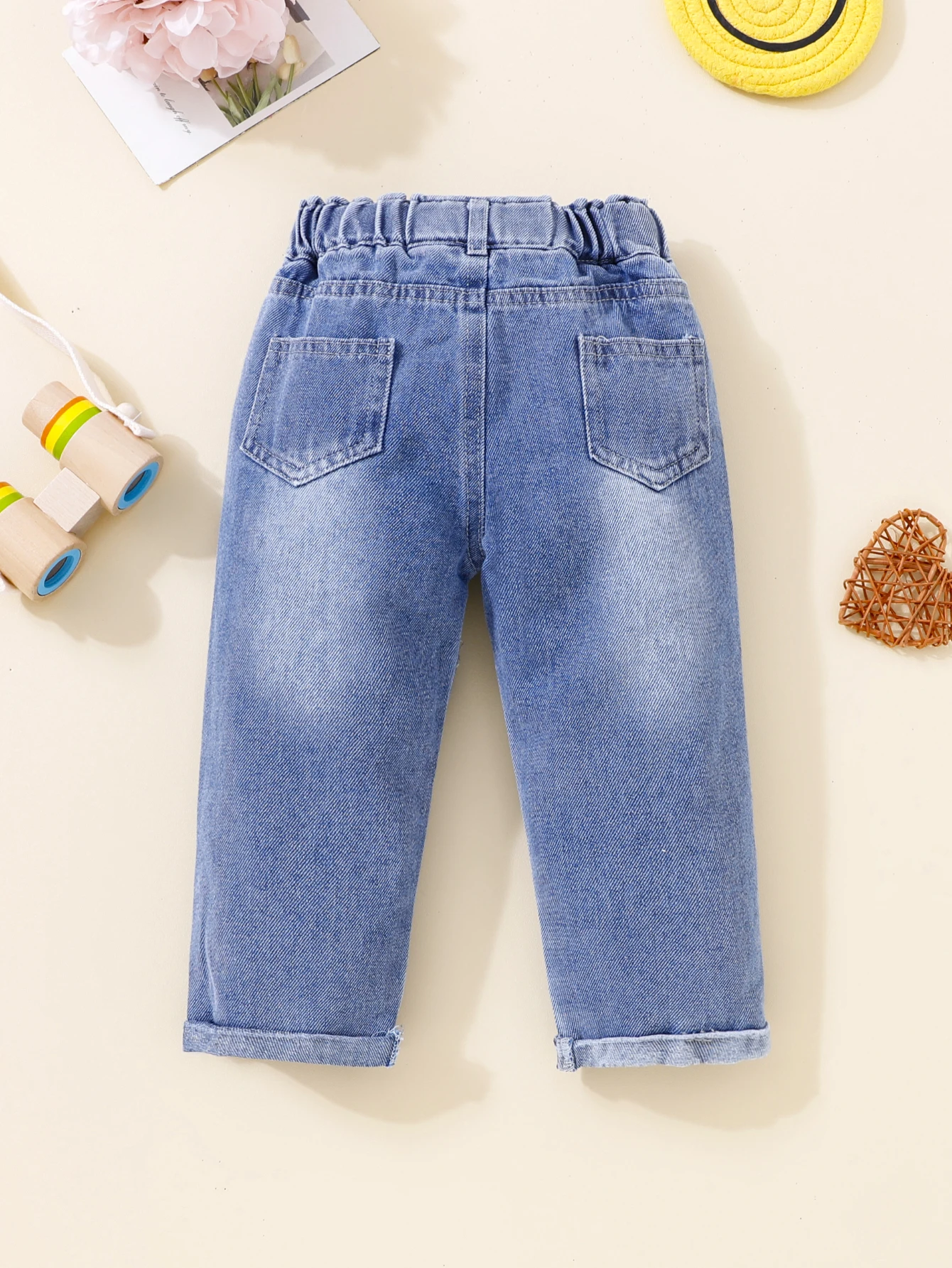 Denim pants for girls baby four seasons decorative white buckle spray cat whiskers elastic waist back pocket rolled denim blue