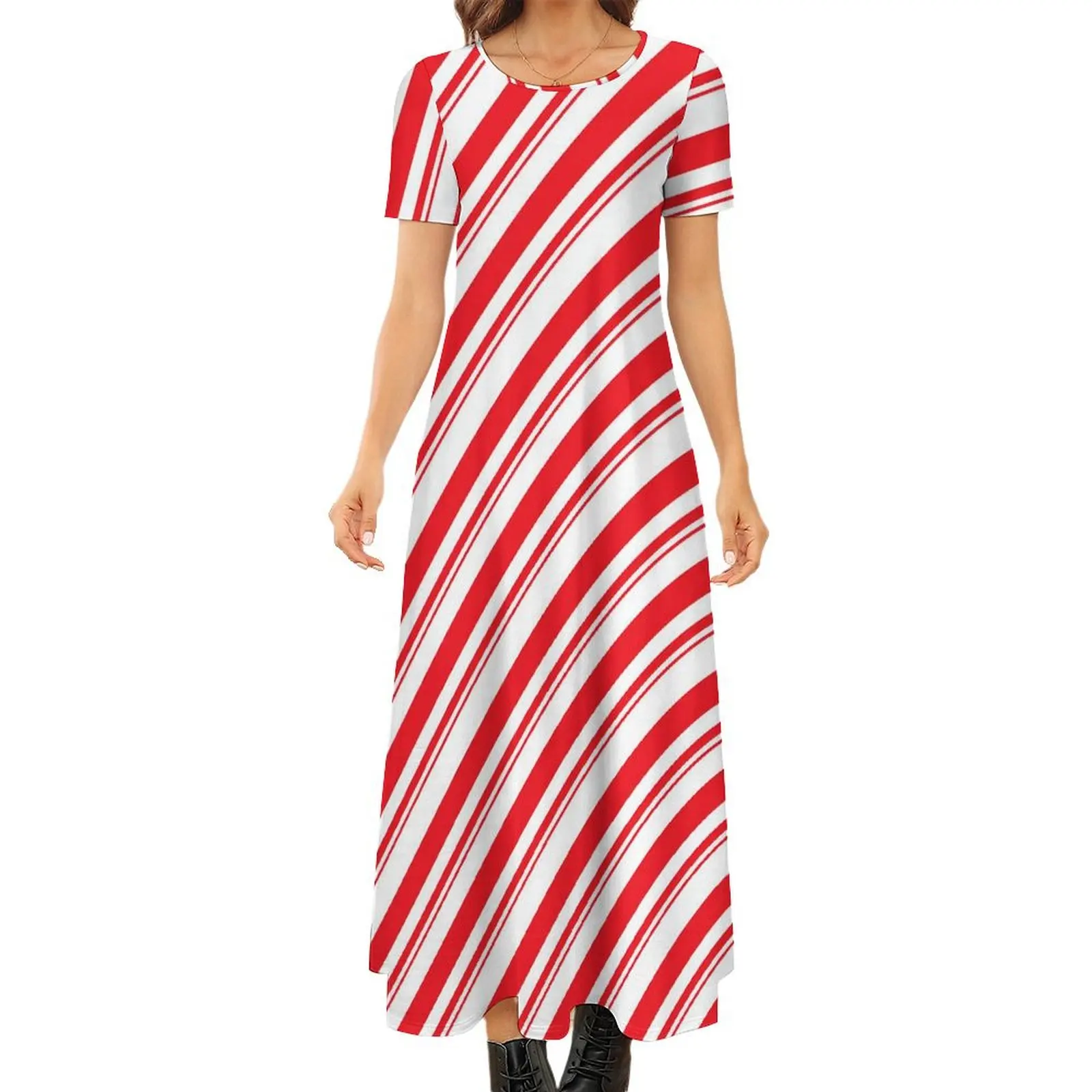 

Red And White Striped Dress Straight Lines Beach Maxi Dress Female Short Sleeve Korean Fashion Boho Beach Long Dresses Big Size