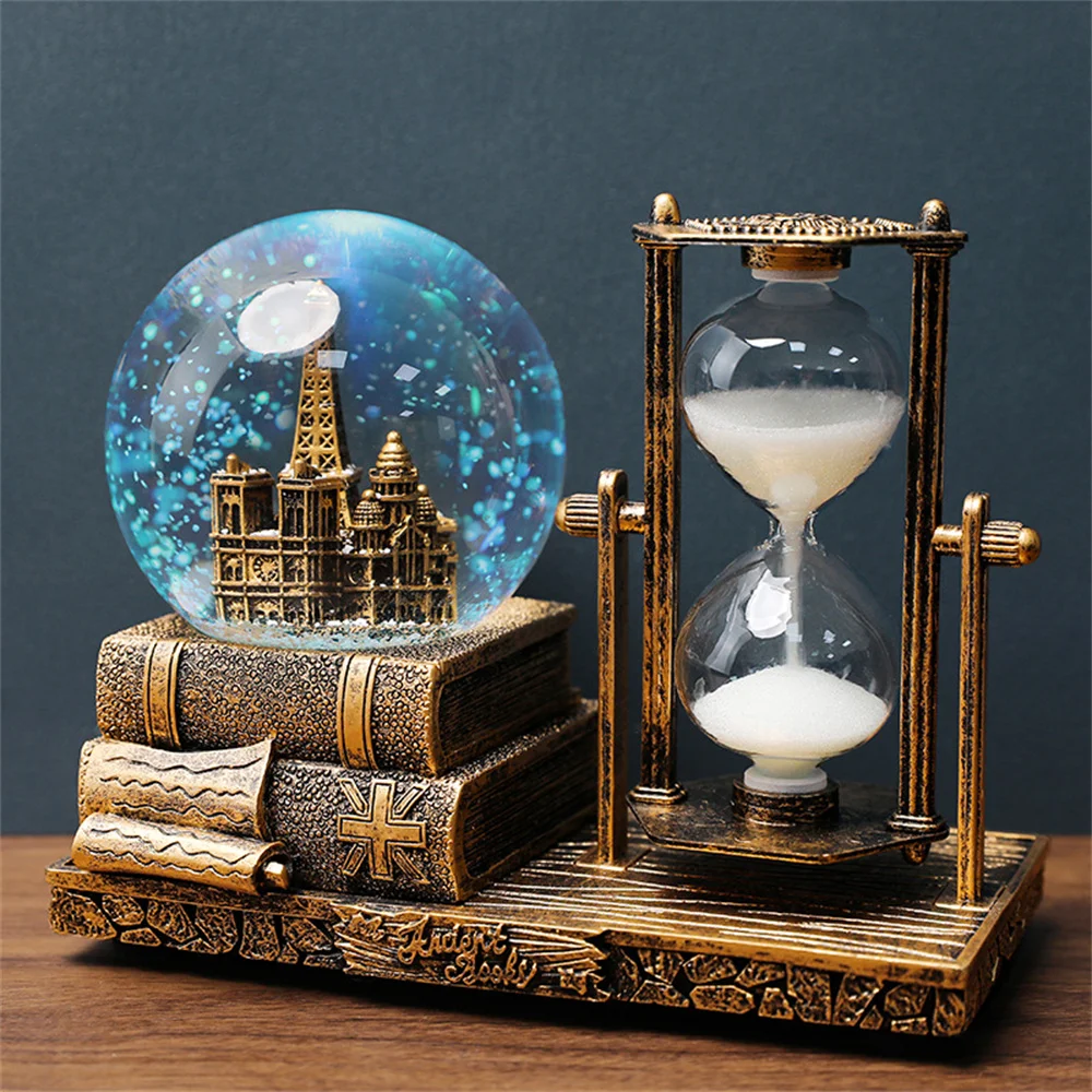 

Vintage Desk Ornaments Tower Luminous Snow Globe with Music Hourglass Glass Ball Retro Crafts Office Home Decor Christmas Gifts