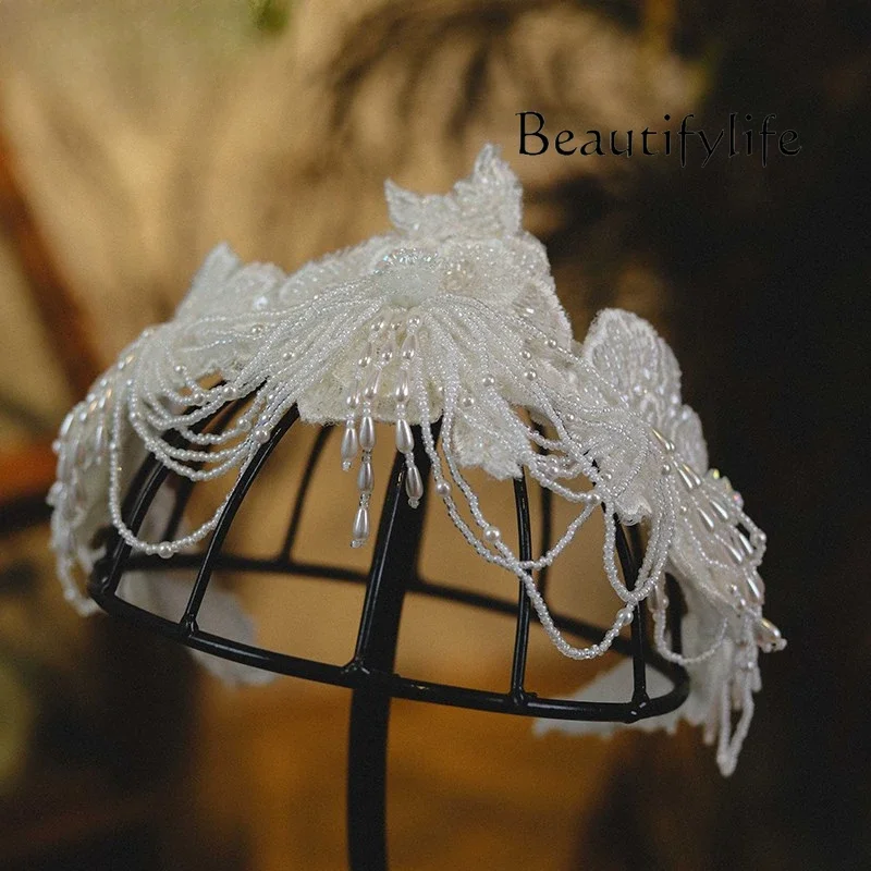 

High-end heavy industry handmade white beaded lace petals hair crown headband marriage Mori