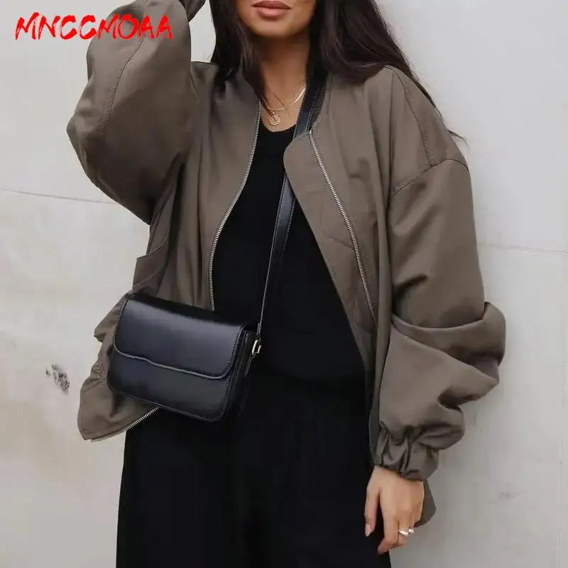 

MNCCMOAA 2023 Autumn Women Fashion Loose Round Neck Bomber Jackets Coat Female Solid Color Casual Long Sleeve Top Outerwear