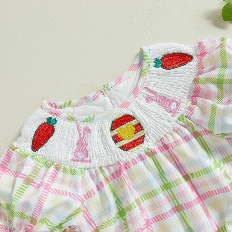 Baby Easter Romper Spring Puff Sleeve Round Neck Plaid Print Smocked Bodysuit Newborn Playsuit