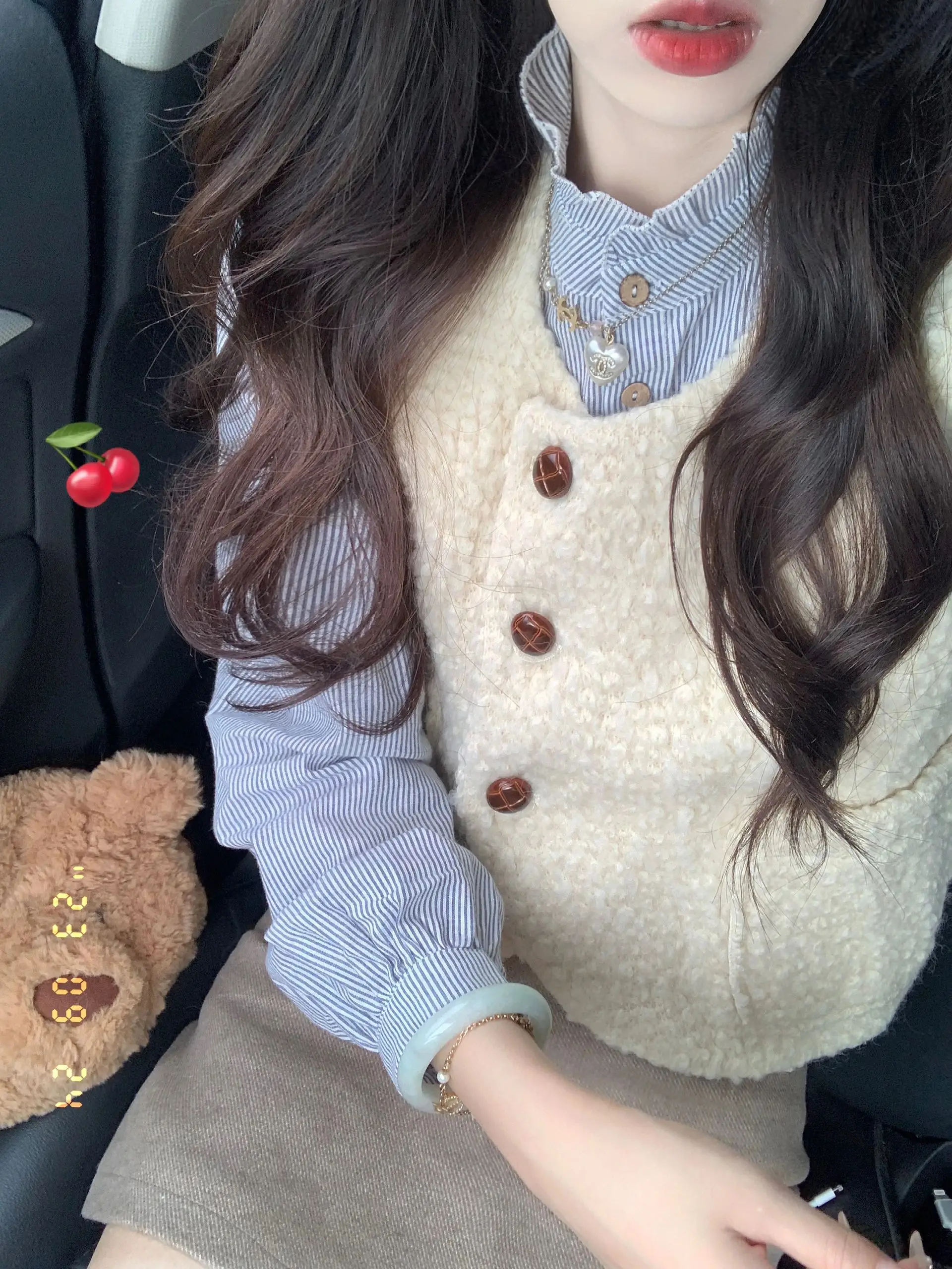 Korean Drama Inspired Women's Spring Autumn Lamb Fur Cardigan Vest Striped Shirt Two Piece Set Long Sleeve Button up Top