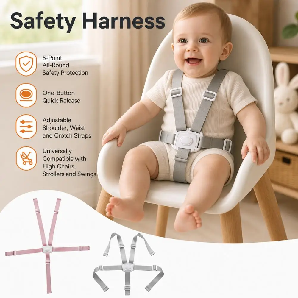 5 Point Baby High Chair Safety Harness Convertible 3 Point Adjustable Webbing Strap Replacement Belt For Stroller Swing Seat