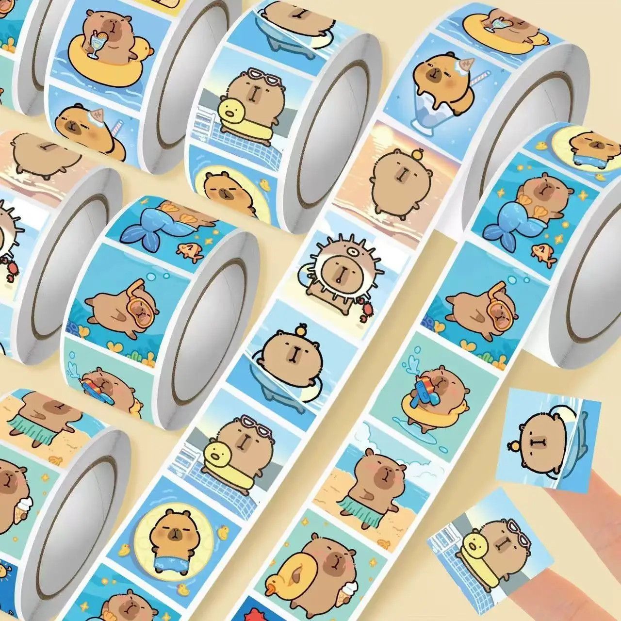 500pcs/Roll Cute Capybara Swimming Cartoon Sticker DIY Skateboard Laptop Guitar Phone Car Seal Label Decals Decoration