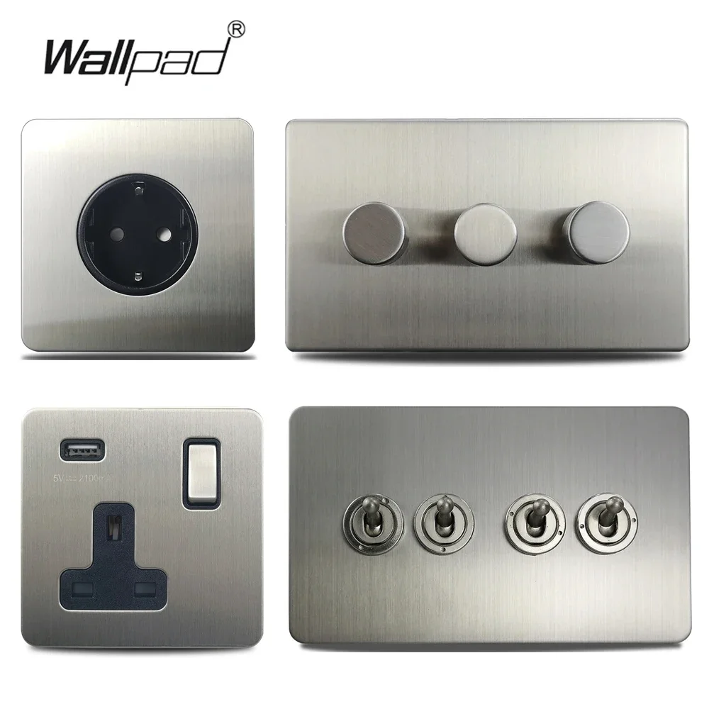 

Wallpad Wall Toggle Light Switch LED Dimmer Button EU Wall Socket 13A Plug Outlet, 2100mA USB Charging Port, Brushed Steel Plate