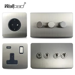 Wallpad Wall Toggle Light Switch LED Dimmer Button EU Wall Socket 13A Plug Outlet, 2100mA USB Charging Port, Brushed Steel Plate