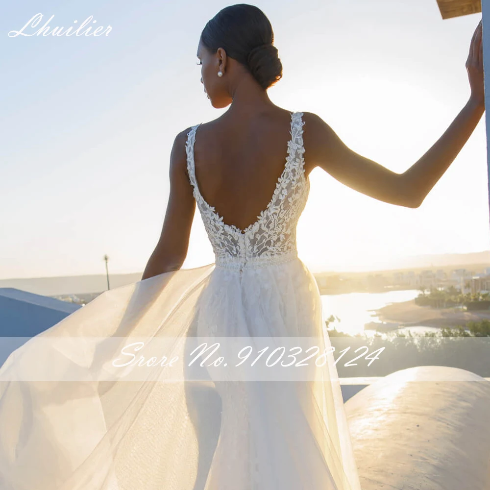 Lhuilier Sexy scollo a V Illusion merletto a sirena Appliques abiti da sposa senza maniche abito da sposa senza schienale con treno staccabile