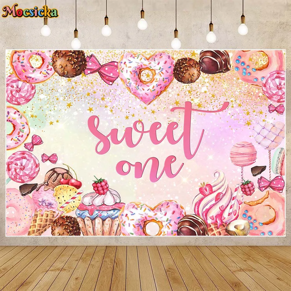 Mocsicka Donut Birthday Backdrop Sweet One Girl 1st Birthday Party Decor Background Photocall Dessert Table Banner Custom Poster