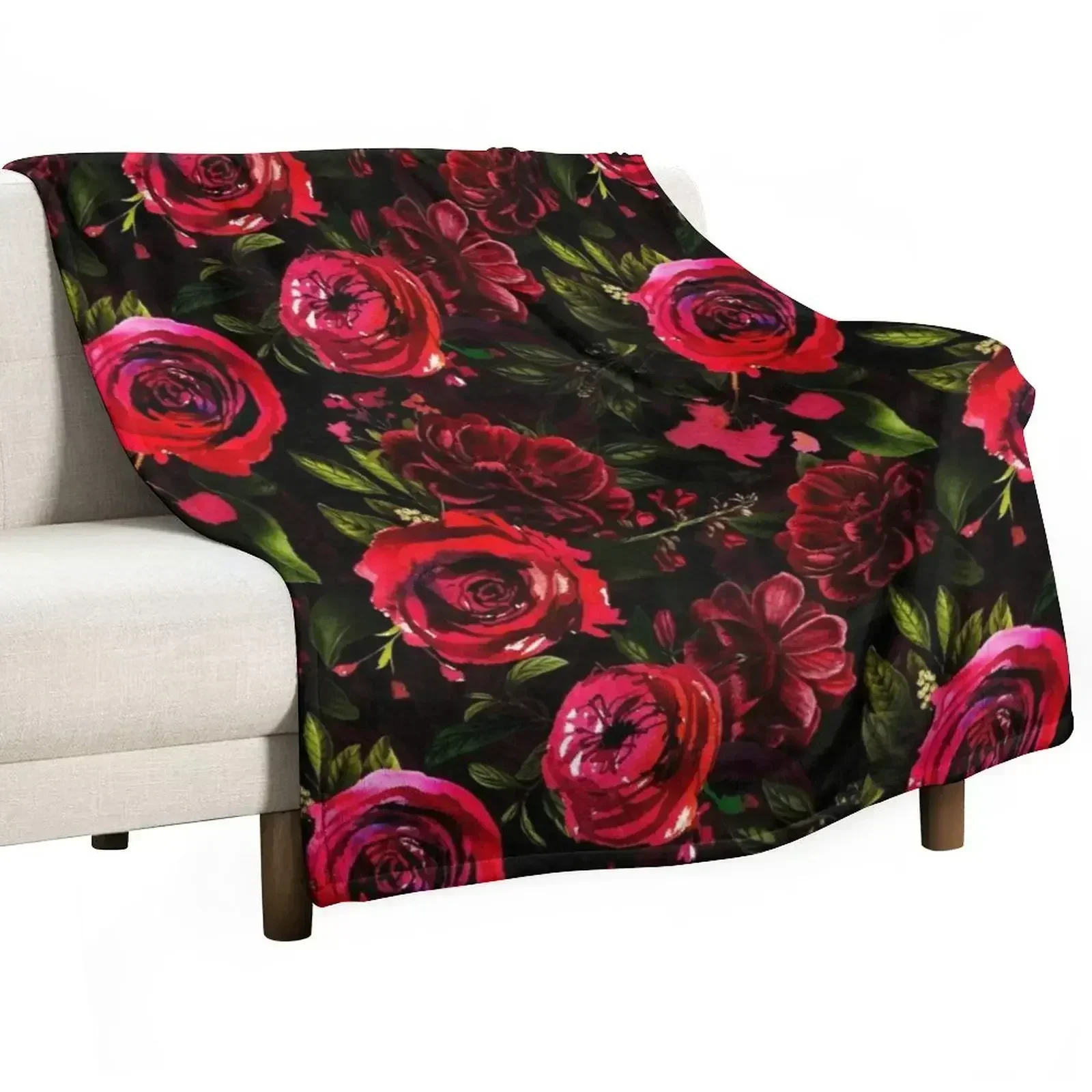Dark Red Hand Drawn Watercolor RosesPattern Throw Blanket Tourist Bed funny gift manga Flannels Blankets For Bed Blankets