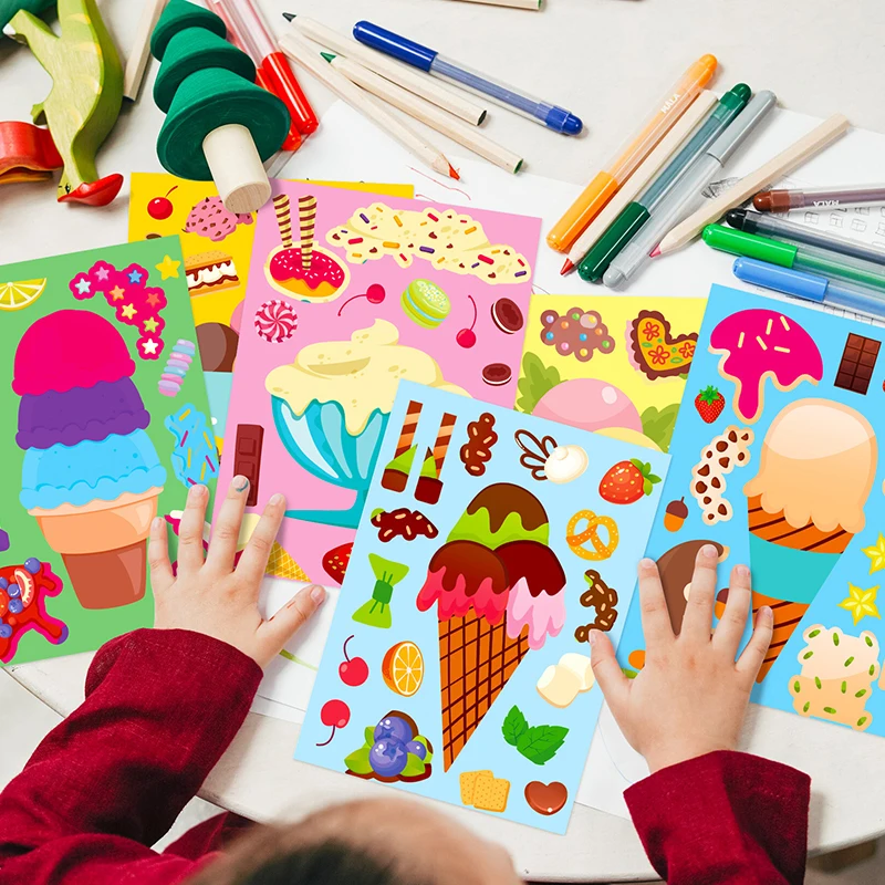 6 أوراق مزيج الآيس كريم نمط لغز ملصقات جعل ملصقات الوجه لطيف DIY بها بنفسك تجميع ملصق المكافآت المدرسية المفضلة القرطاسية ZYF