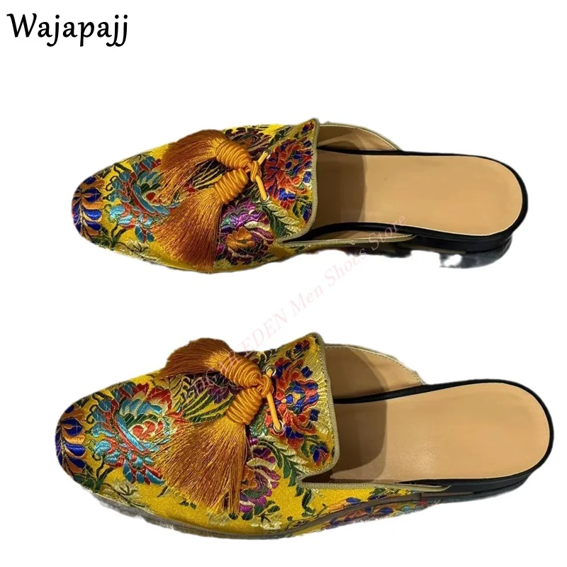 Fashion Colorful Flower Embroidery Tassel Man Summer Satin Slippers Comfortable Flat Heel Round Toe Male Outside Mules Shoes