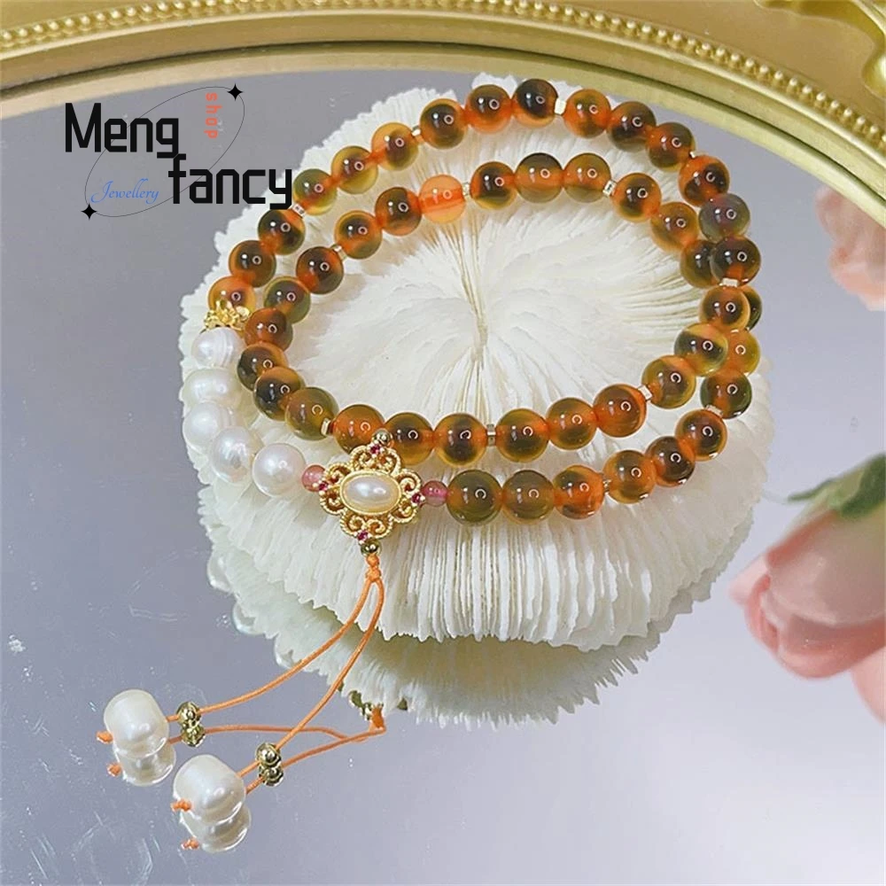 Retro simple double circle sweet heart agate hand string natural pearl multi-circle ethnic wind bracelet female ancient style