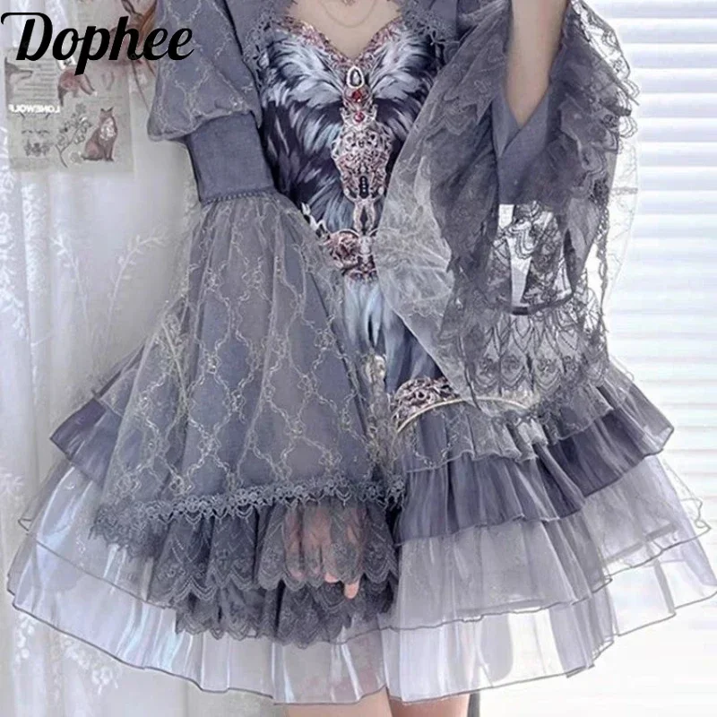

Dophee Original Flower Marriage Grey Lolita Sets Elegant Flare Sleeve Shawl Cloak Cardigans Coat+Sleveeless Strap Princess Dress