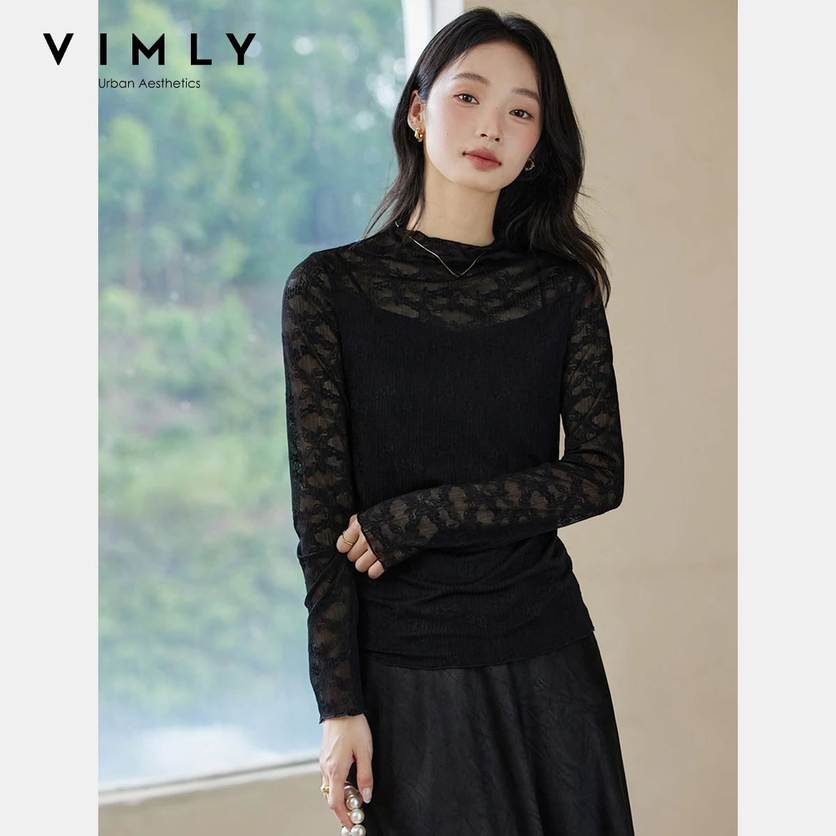 

VIMLY Black Lace T-shirts Autumn 2025 Woman Casual Long Sleeve Slim Female Tops Crop Mandarin Collar Strecth Ladies Tees A2217