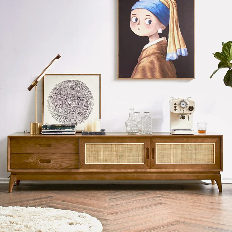 Simple and retro American style TV cabinet, small unit type, solid wood, white wax wood, Nordic rattan weaving