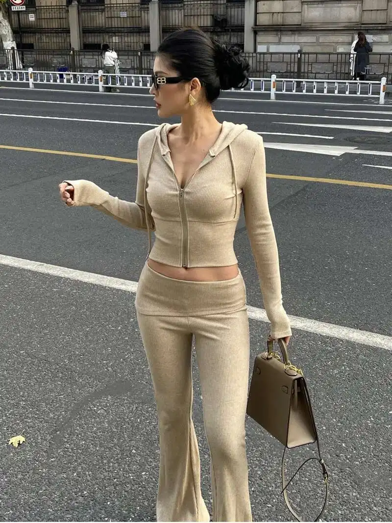 

Hooded Waist Cinched Long Sleeved Jacket Top+high Waisted Slim Flared Pants Two-piece Set For Women's New Pants Set 31DC