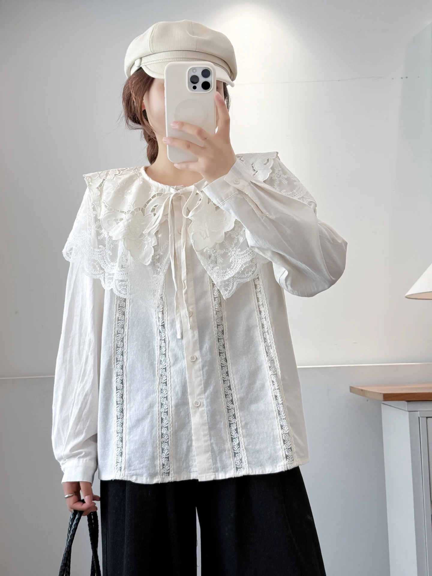Japonais doux Mori fille dentelle broderie coton chemises femmes mignon Double couche col claudine à manches longues décontracté Blouse ample