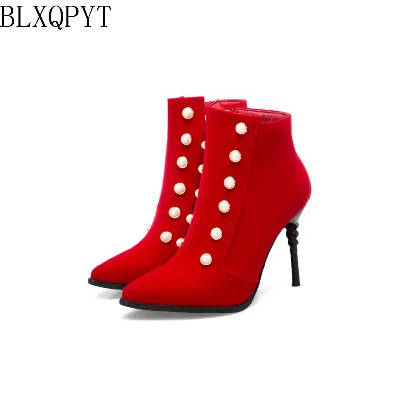 Ботильоны Botas De Mujer Женские модные ботильоны с острым носком на высоком каблуке с боковой молнией Замшевые теплые плюшевые зимние ботинки для вечеринок Большой размер 50 T611