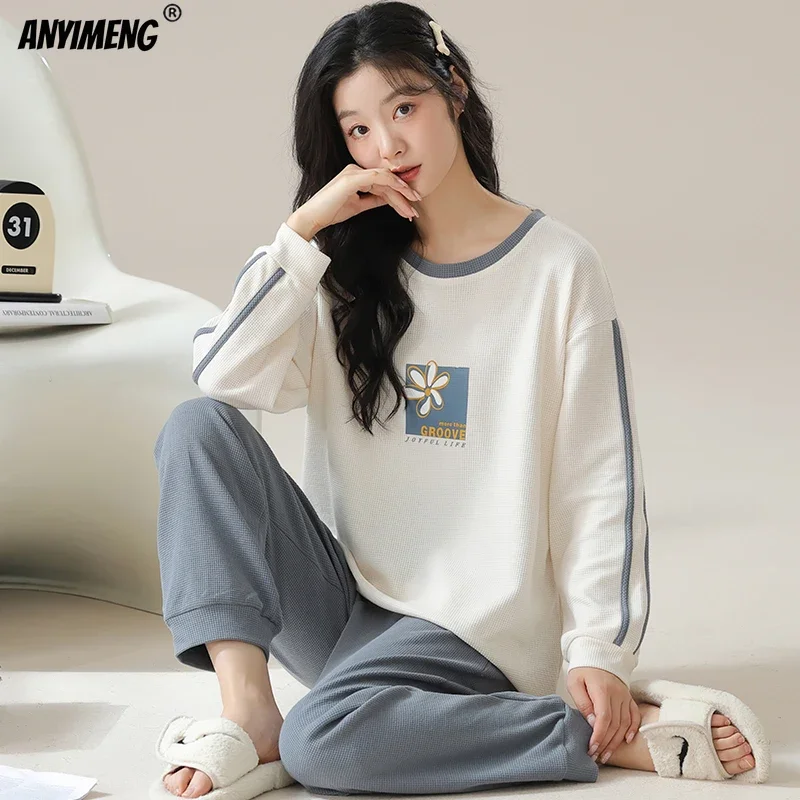 New Autumn Winter Waffle Cotton Pajamas for Women Long Sleeves Sleepwear Casual Sports Pijamas O-neck Woman Loungewear