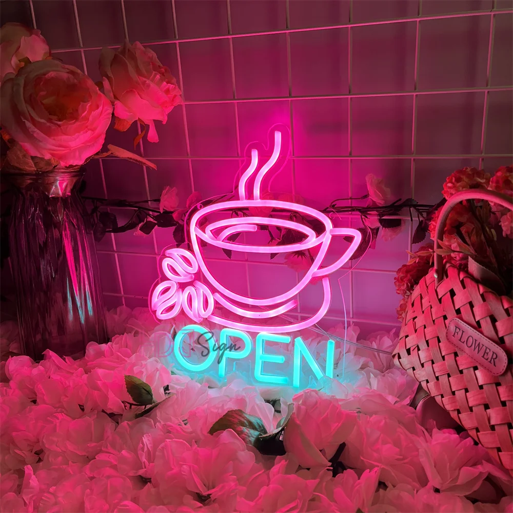 Coffee Open Neon Sign Coffee Shop Hanging LED Wall Decor Business Lights for Bar Cafe Store Open Decoration Neon Light Signs