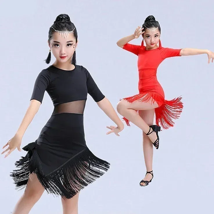 

Black Red Child Ballroom Tango Dresses Girls Latin Dance Dress Fringe Latin Dance Clothes Kids Competition Salsa Costume