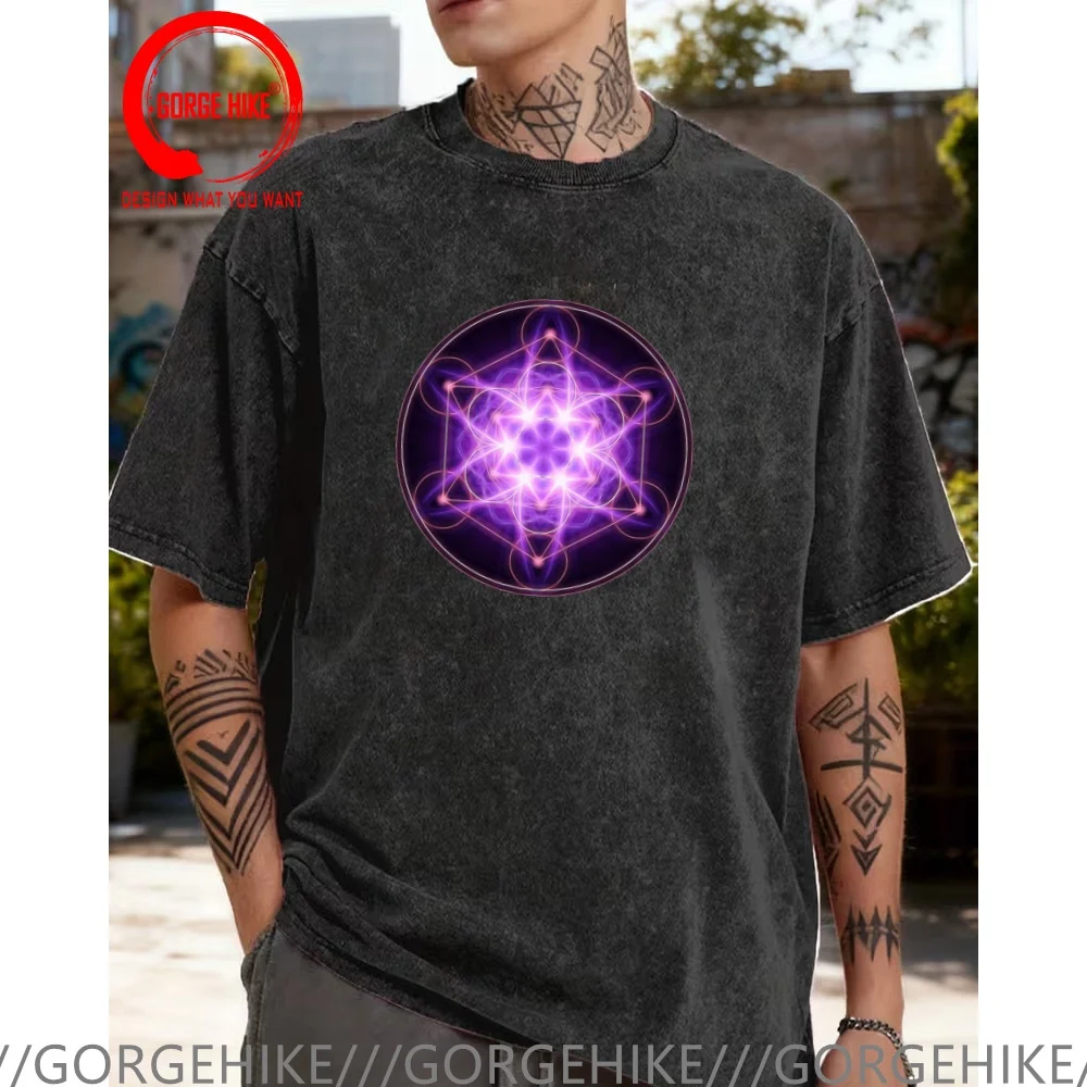 

Vintage Washed Cotton T-Shirt Funny Designer Metatrons Wuerfel Cube Chakras Yoga Symbol T Shirt Men Fashion Trendy Casual Clothi