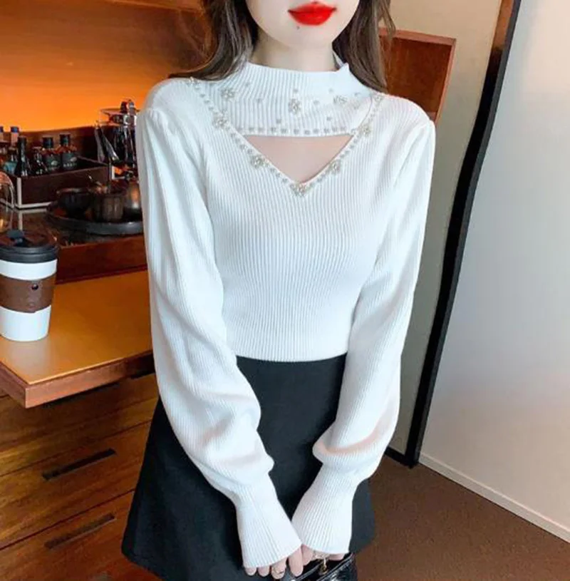 Womens Solid Heart Hollow Rhinestone Decor Long Sleeves Round Collar Skinny Knitting Blouses Tops