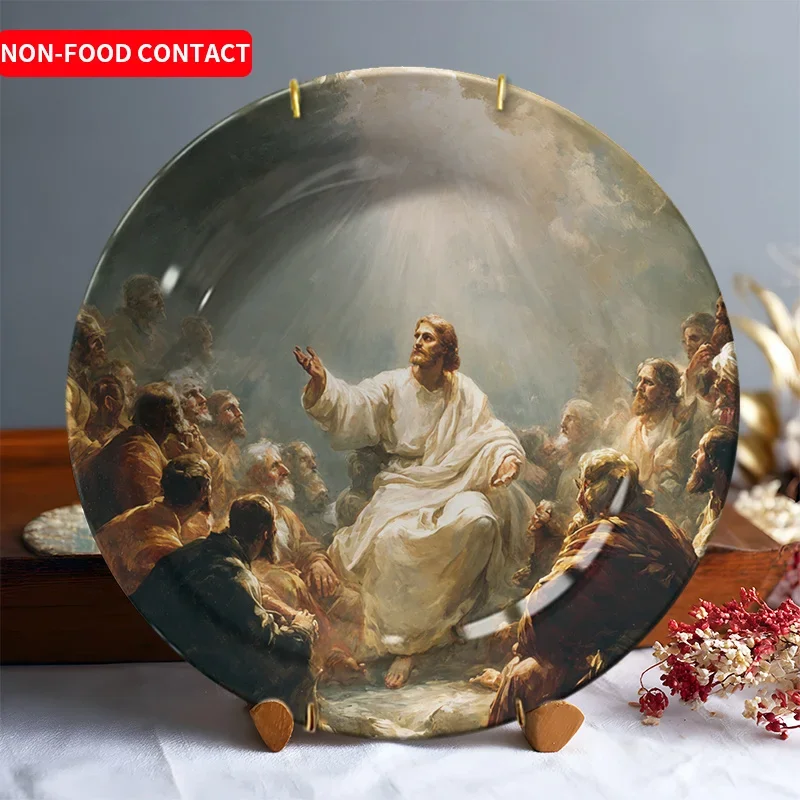 1pc and Believers Round Ceramic Decorative Plate Religious Art Ornament Living Room Study Wall Hanging Plate Non-Food Contact