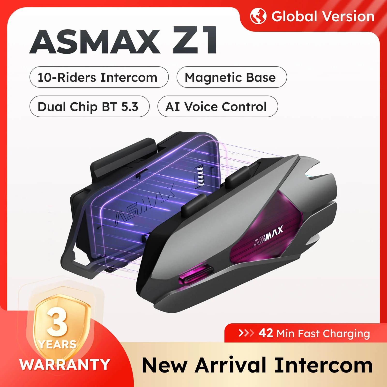 ASMAX Z1 Motorcycle Bluetooth Headset 10 Riders Mesh Helmet Communication Systems AI Voice Control Intercom ENC Noise Reduction