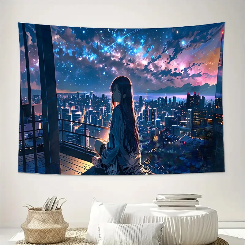 Anime Girl Watching Starry Night Sky Over Neon Cityscape Tapestry Machine Washable All Season Home Enhance spatial aesthetics