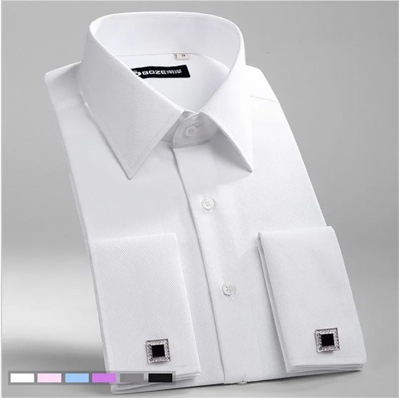 Camisa de manga comprida de punho francês masculina, monocromática, formal, negócio, botões, camisas masculinas, ajuste regular, abotoaduras,