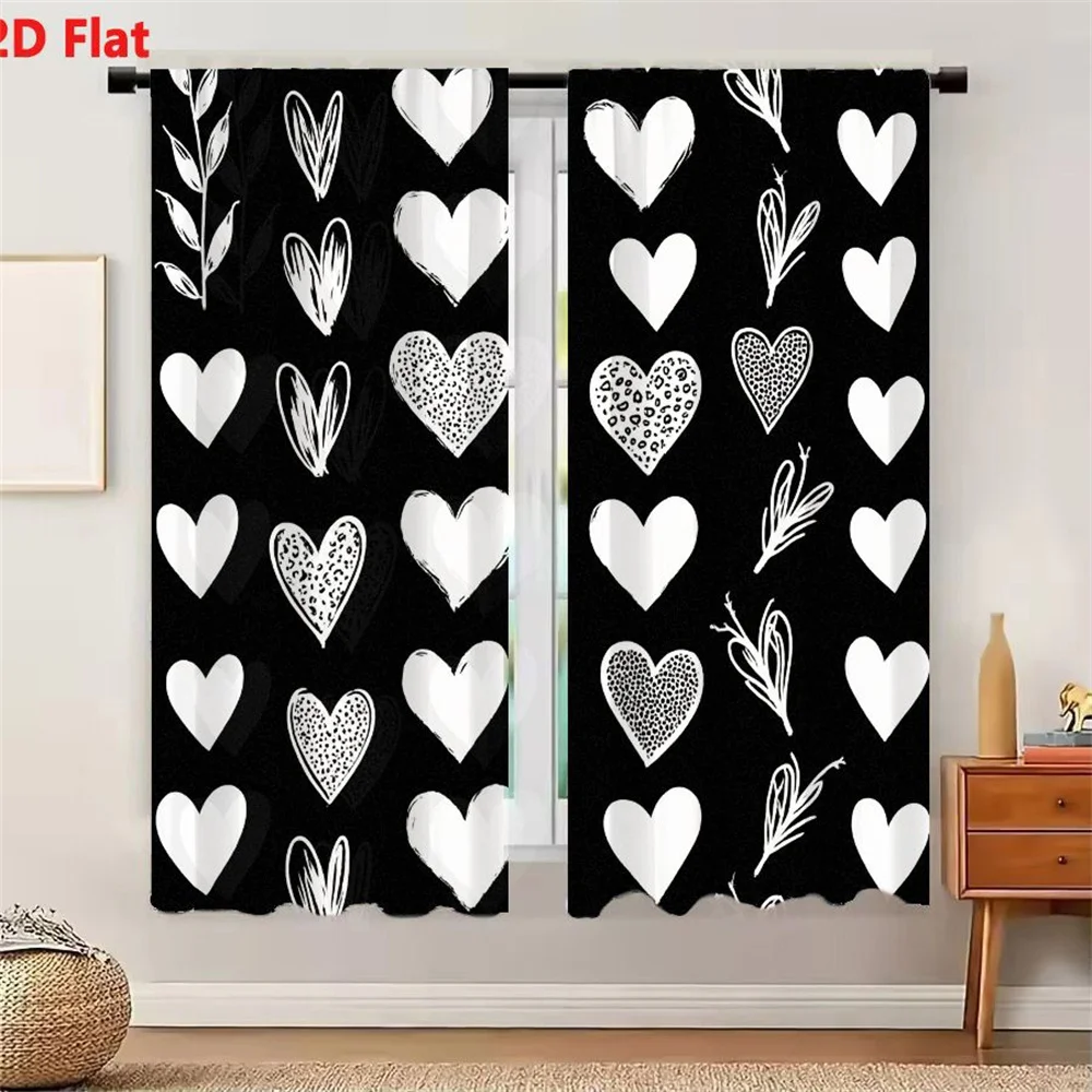 2Pcs Curtains 2D Flat Black Background White Hearts And Plant Designs Whimsical Decorative Pattern For Romantic Or Festive Theme