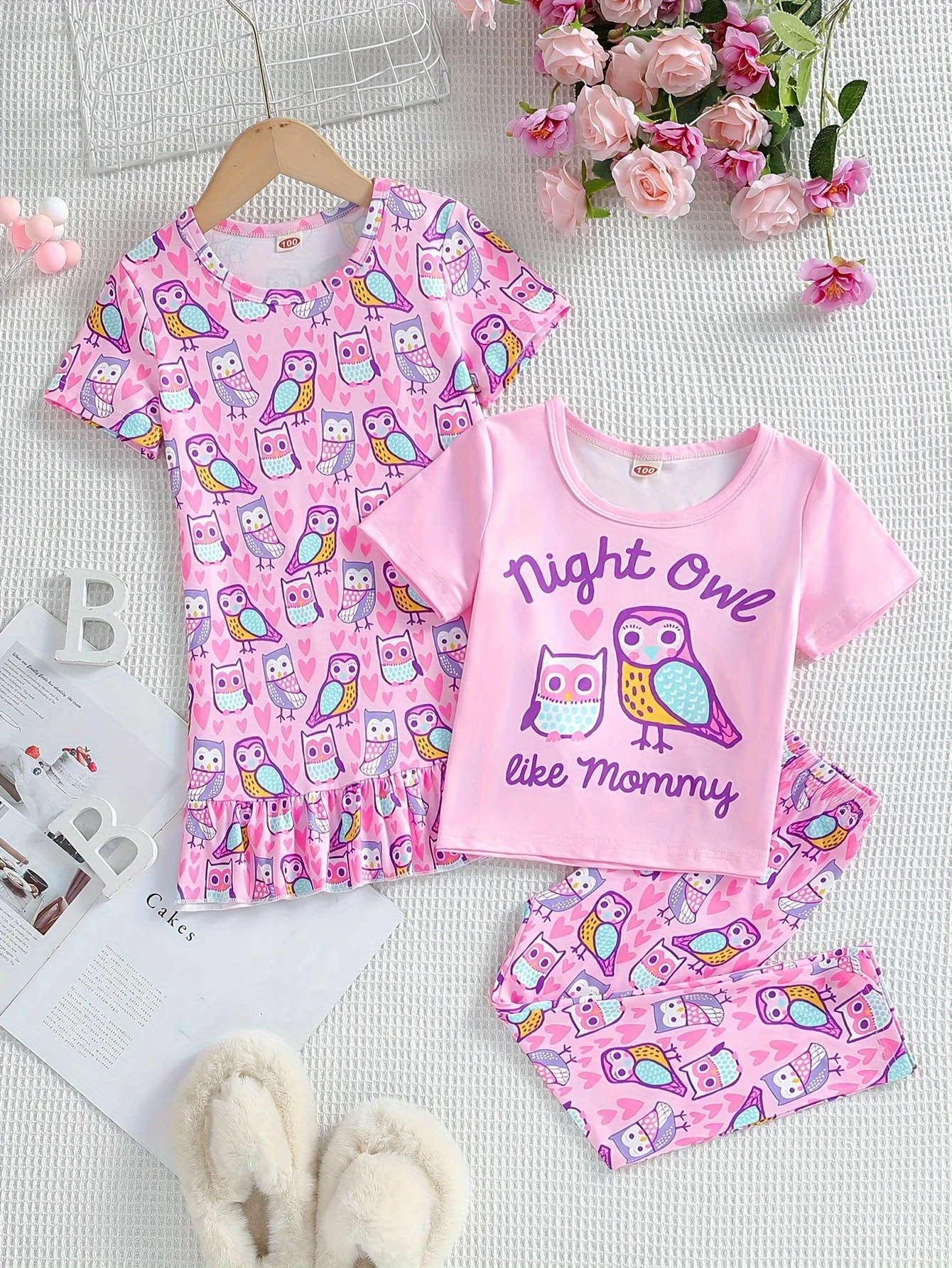 Little Girl Owl Print Short-sleeved Turtleneck and Owl Full-printed Pants and an Owl Full-printed Owl Dress 3-piece Sisterhood H