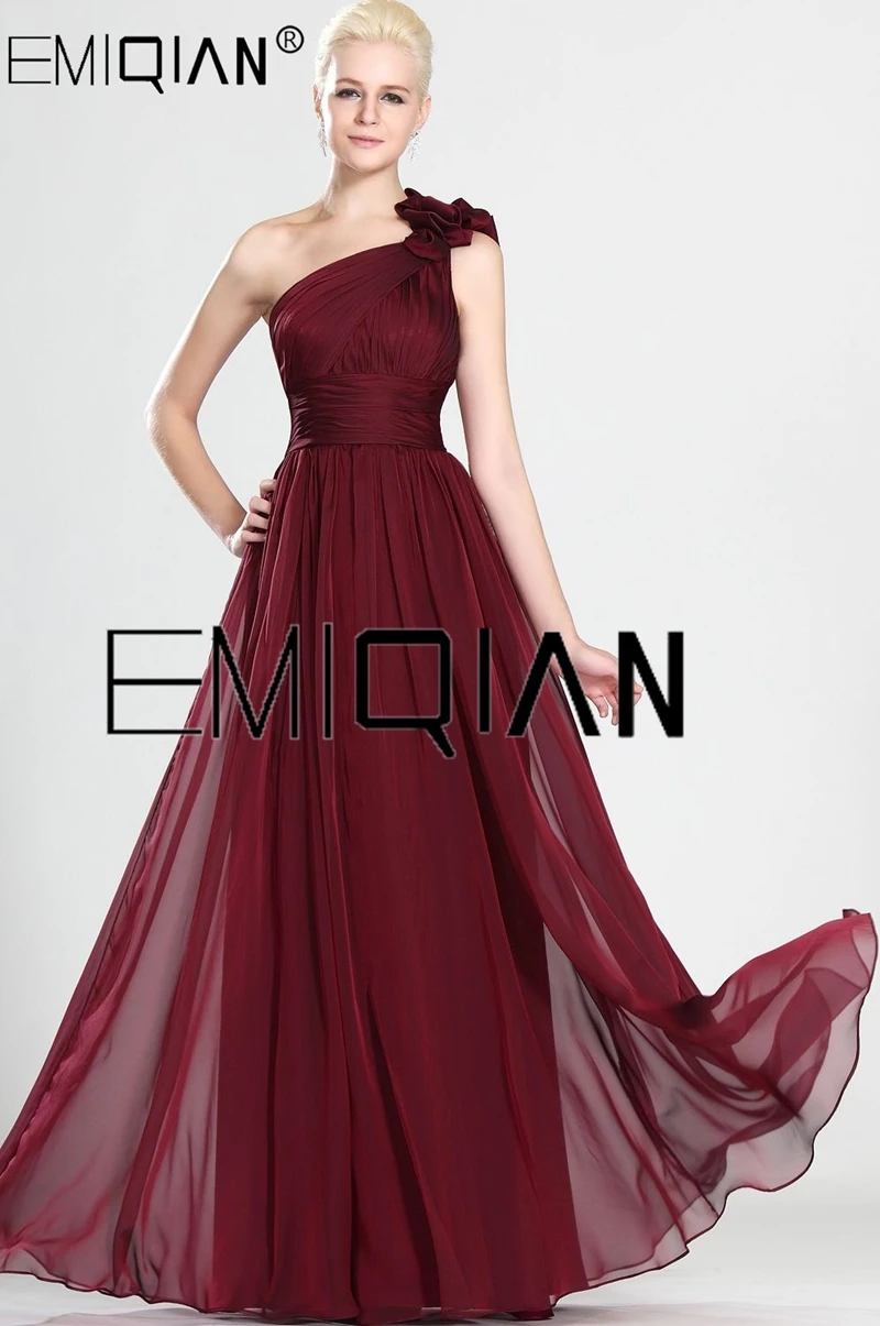 

A Line Burgundy Chiffon Evening Gowns with Hand Made Flowers One Shoulder Pleated Bodice Prom Dresses