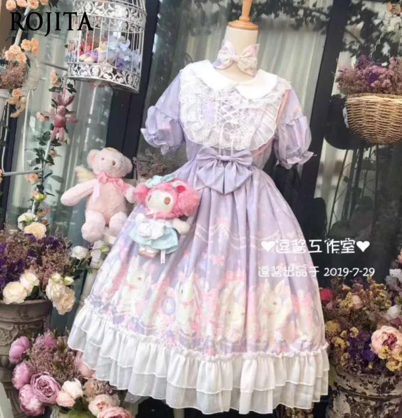 

Spring Summer Autumn Lolita Gentle Pink Purple Print Lace Princess Dress Women Sweet Doll Collar Bow High Waist A-line Dress