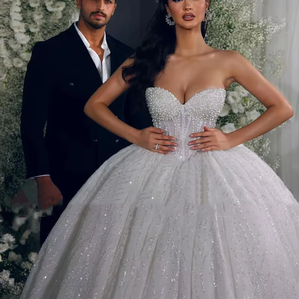 Perles exclusives perles princesse robes de mariée paillettes scintillantes dentelle chérie robe de mariée personnalisé femmes tenue de Banquet