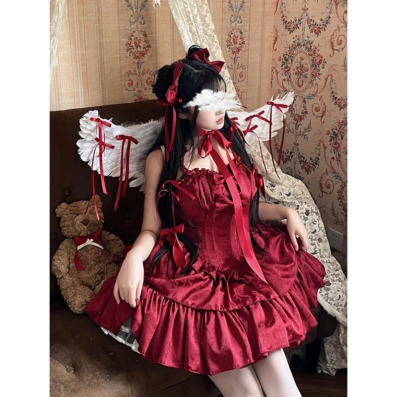 New Fashion Girls Sweet Bow Ribbon Spaghetti Straps Mini Party Dress Lolita Women\'s Sweet Princess Satin Ball Gown Dresses