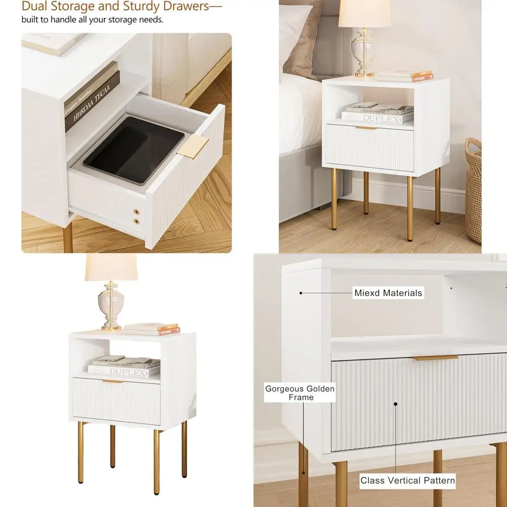

Тумбочка, современная прикроватная тумбочка середины века с ящиком для хранения и открытой деревянной полкой, небольшой приставной столик в золотой раме для спальни, Livi
