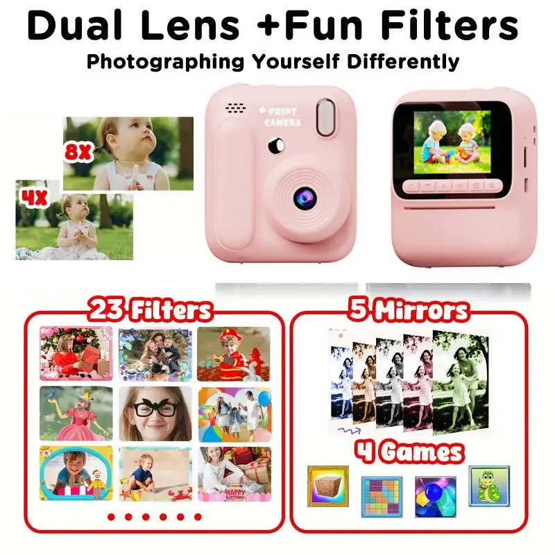 Color Printing Camera Kids Instant Camera 32GB 1080P Thermal Print Toys Camera Print Photo Video Games Music Children Gift