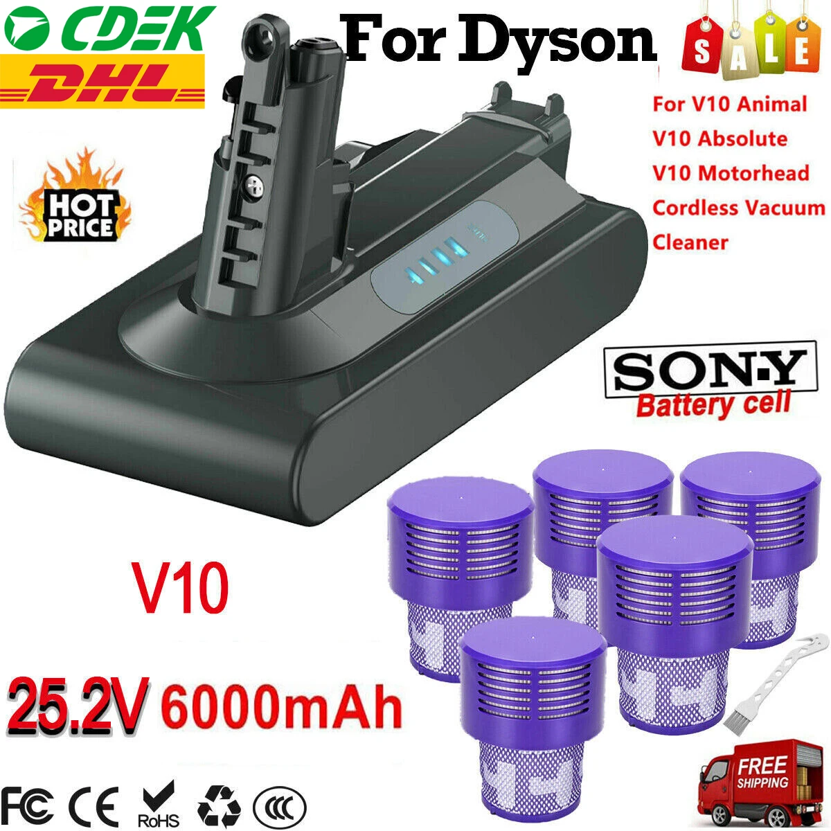 

V10 SV12 Battery,for Dyson Cyclone Replacement Battery 25.2V V10 Animal V10 Motörhead Clean Dyson Vacuum Cleaner, 6000mAh 88.2Wh