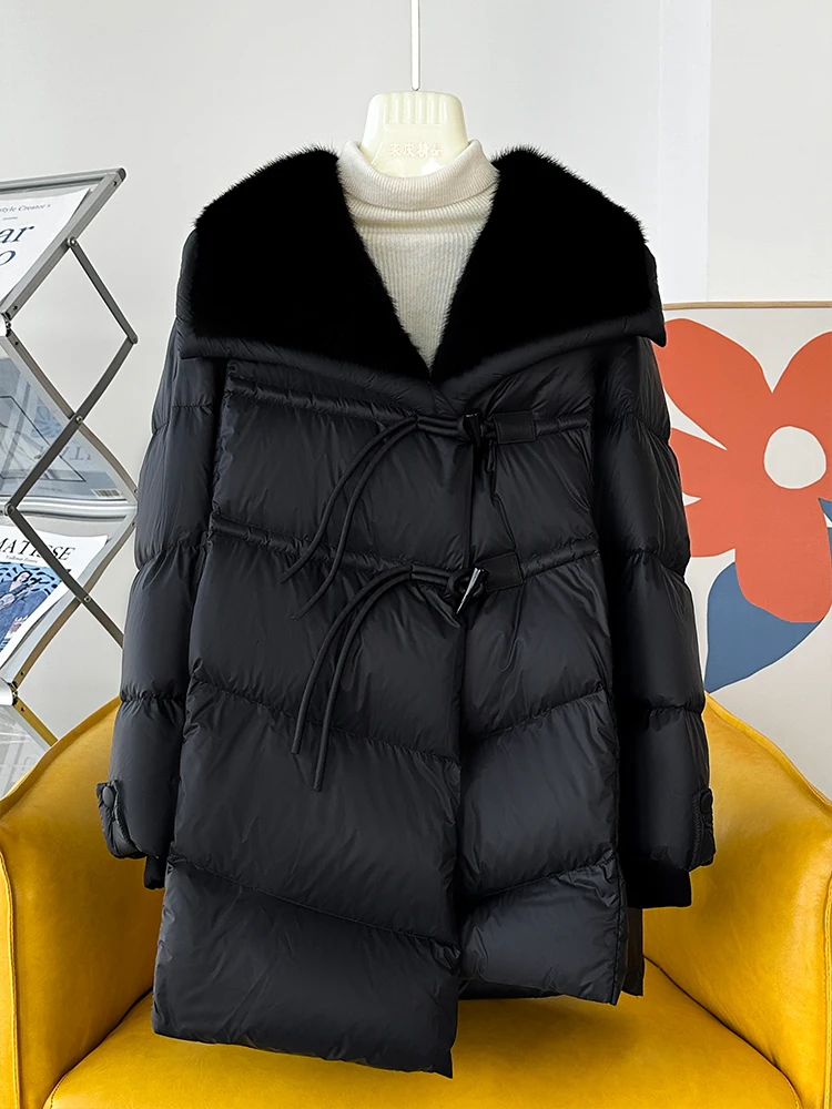 New Fashion Winter Women Natural Real Mink Fur Collar Thick Warm Goose Down Jackets Female Outwear Puffer Jackets