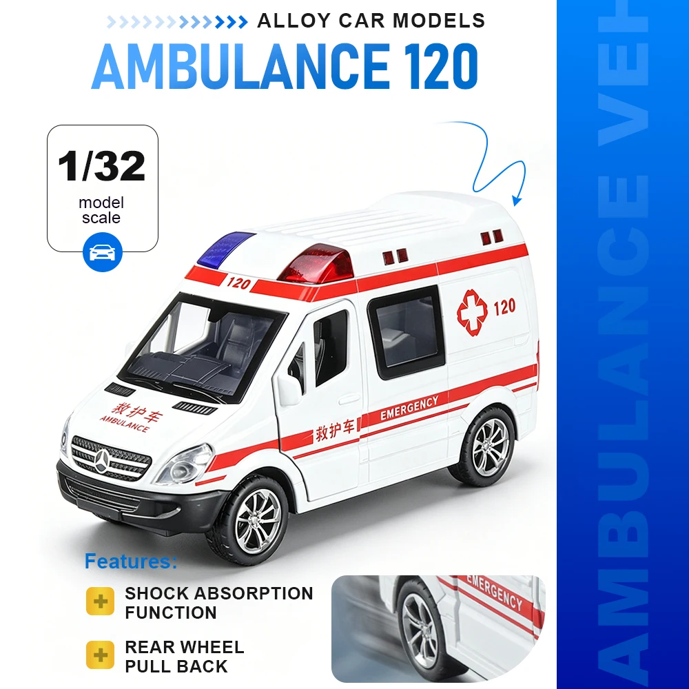 

1:32 Ambulance 120 Model Cars Toy Alloy Diecast Doors Opened Shock Absorption Rubber Tires Pull Back Edutainment Vehicle Models