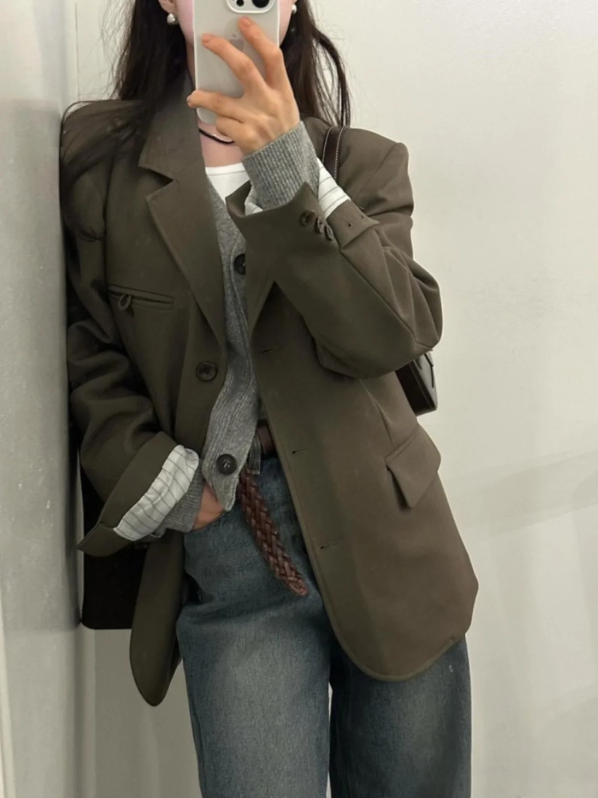 Women's Loose Fit Suit Jaet Early Autumn Faionable Vintage Sle Long Sve Button up Pure Color Outerwear Top