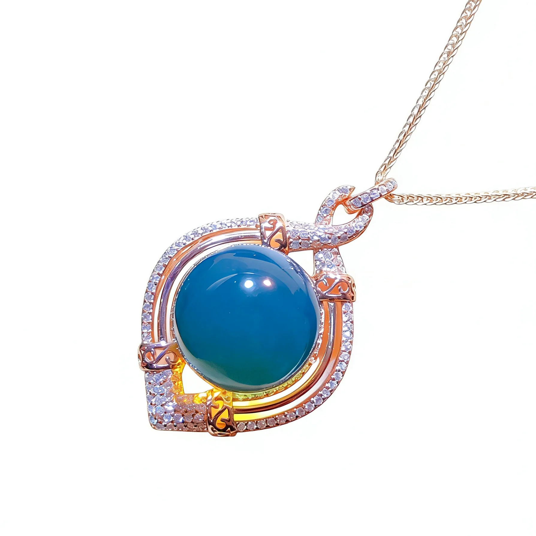 Natural Mexican Blue Amber 16mm Pendant Solid Silver Hollow Openwork Twisted Design Layered Handmade Dainty Jewelry for Women