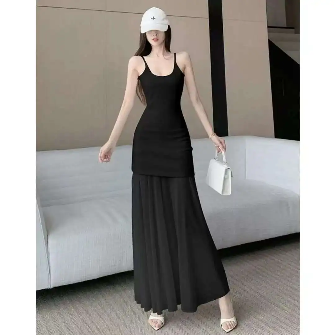 Abito lungo da donna in chiffon a rete elegante nero con cinturino per spaghetti in vita stretta vestibilità slim estate autunno vacanza abito femminile fluido