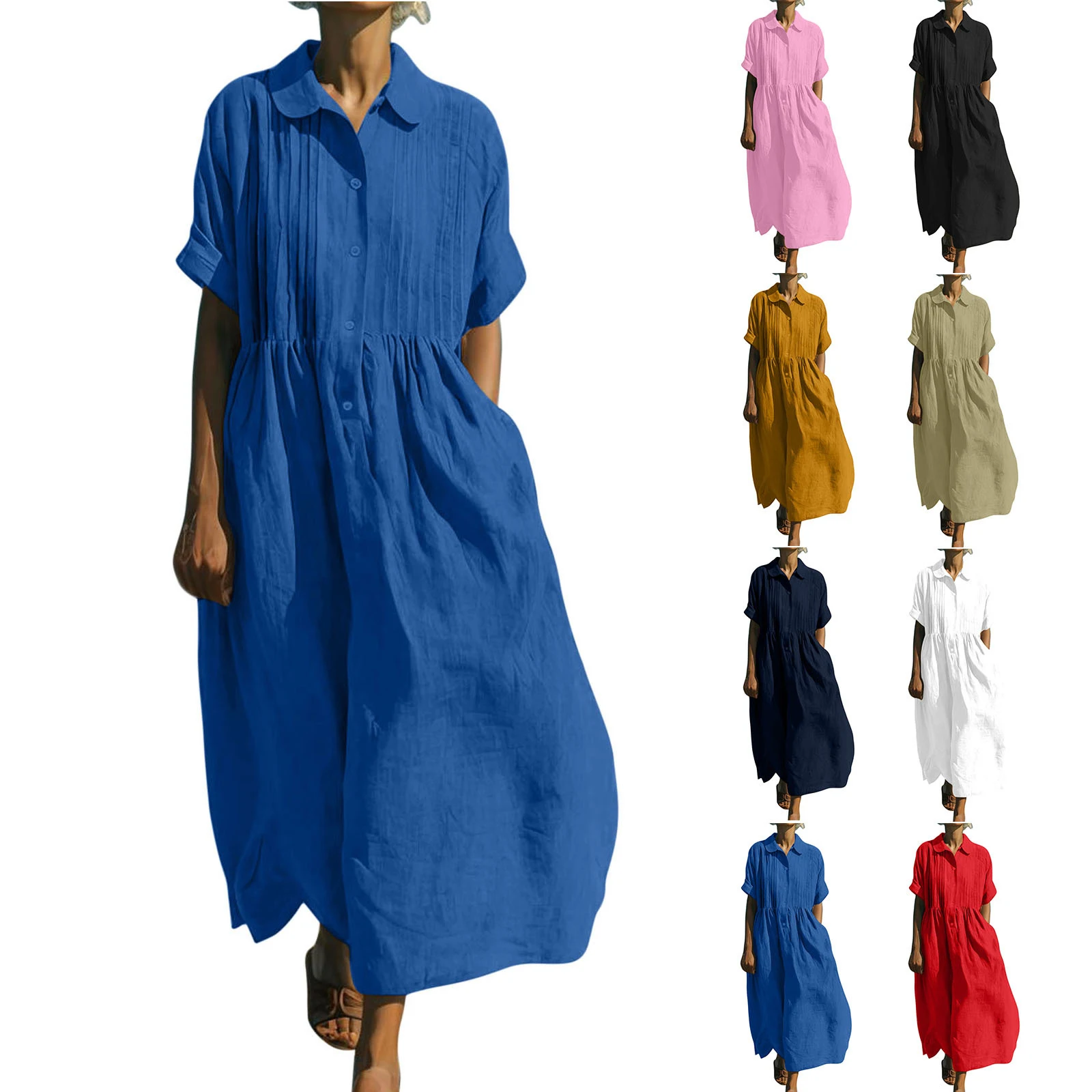 Casual Loose Linen Shirt Dress - เดรสเชิ้ตผ้าลินินสไตล์ลำลองสำหรับผู้หญิง คอปกติดกระดุม แขนสั้น ด้านหน้าจับจีบ ทรงหลวมพลิ้วไหว เหมาะสำหรับวันหยุดพักผ่อน